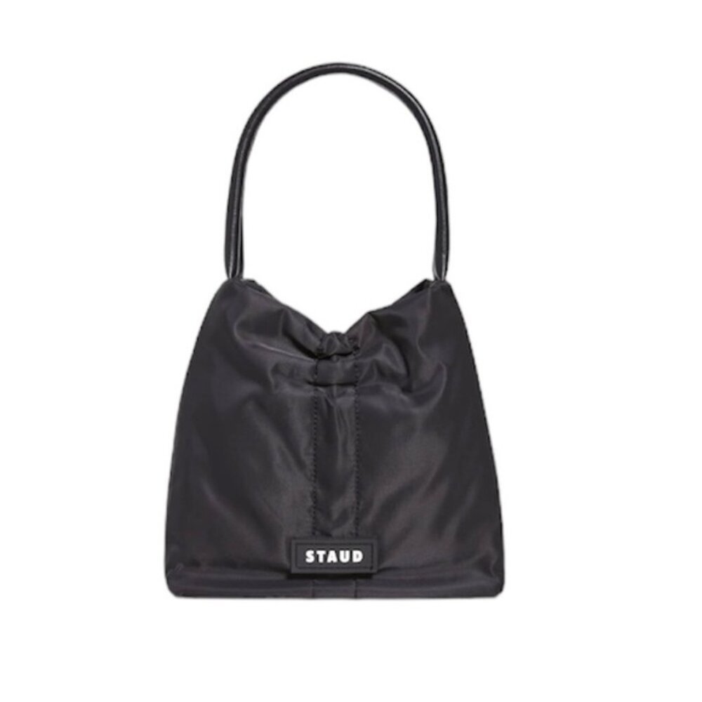 STAUD Felix Shoulder Bag Nylon Leather Trimmed Ruched Shell Tote Logo Zip Pocket